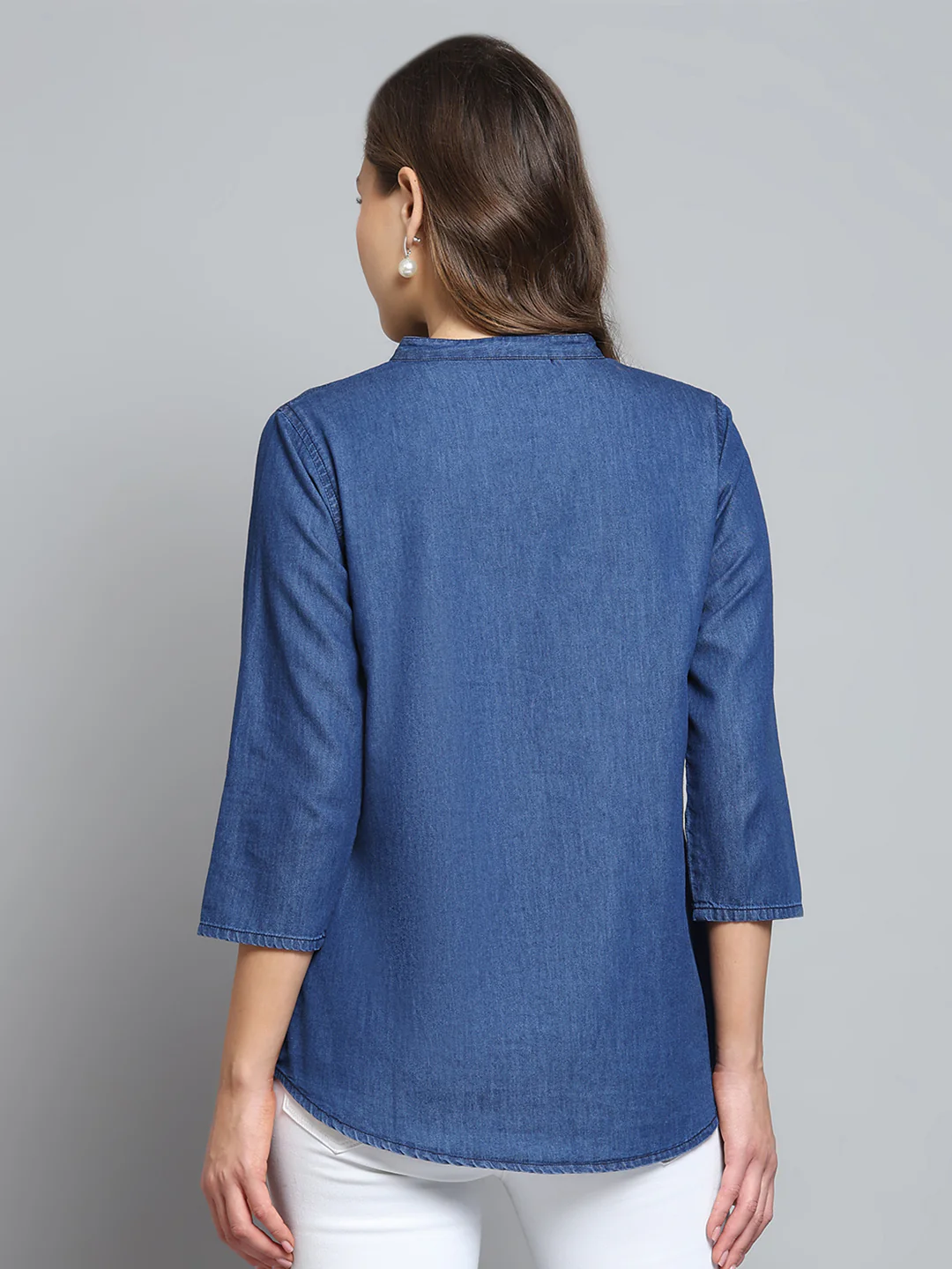 Women Blue Solid Round Neck 3/4th Sleeve Top - Image 5