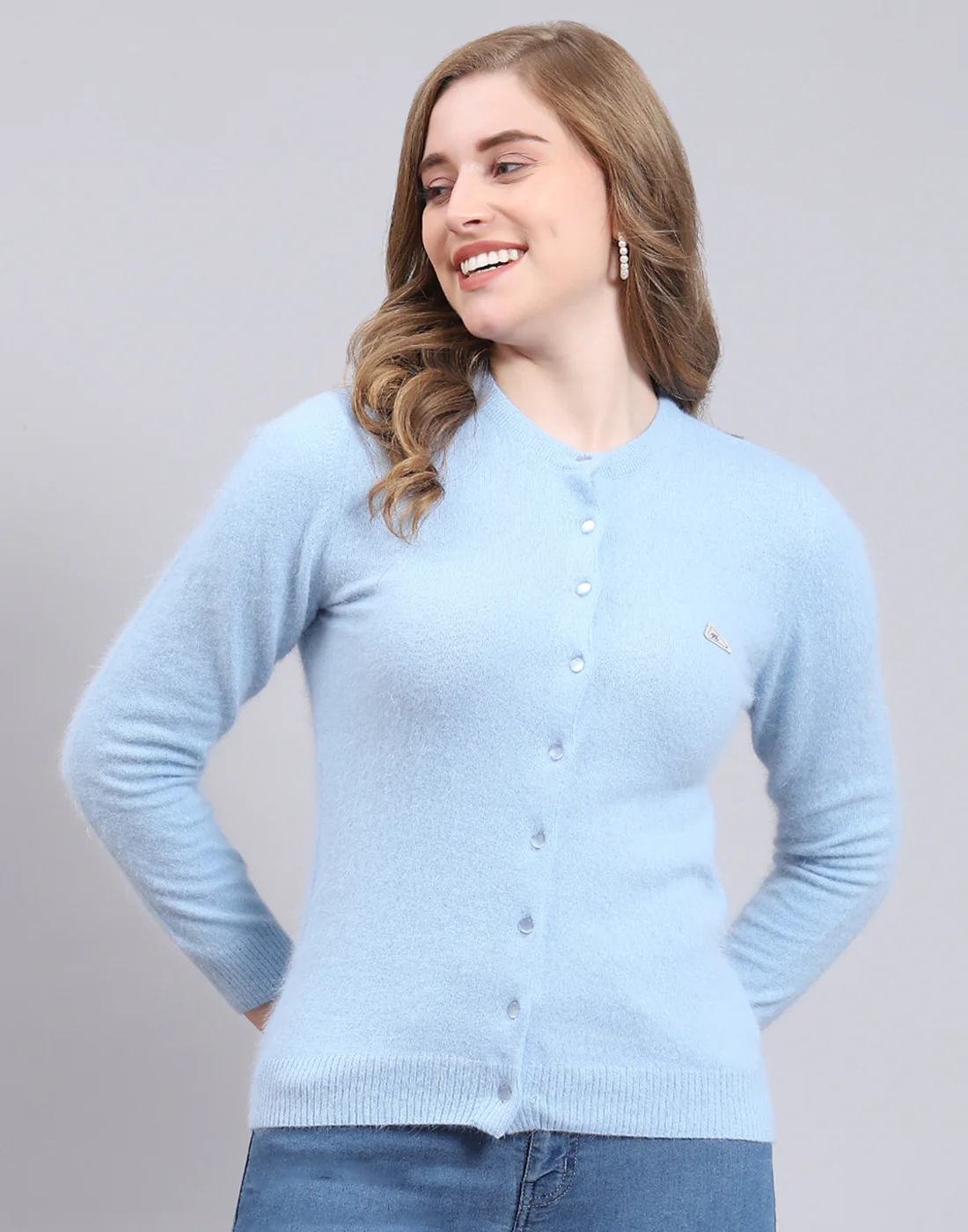 Women Blue Solid Round Neck Full Sleeve Cardigan - Image 2