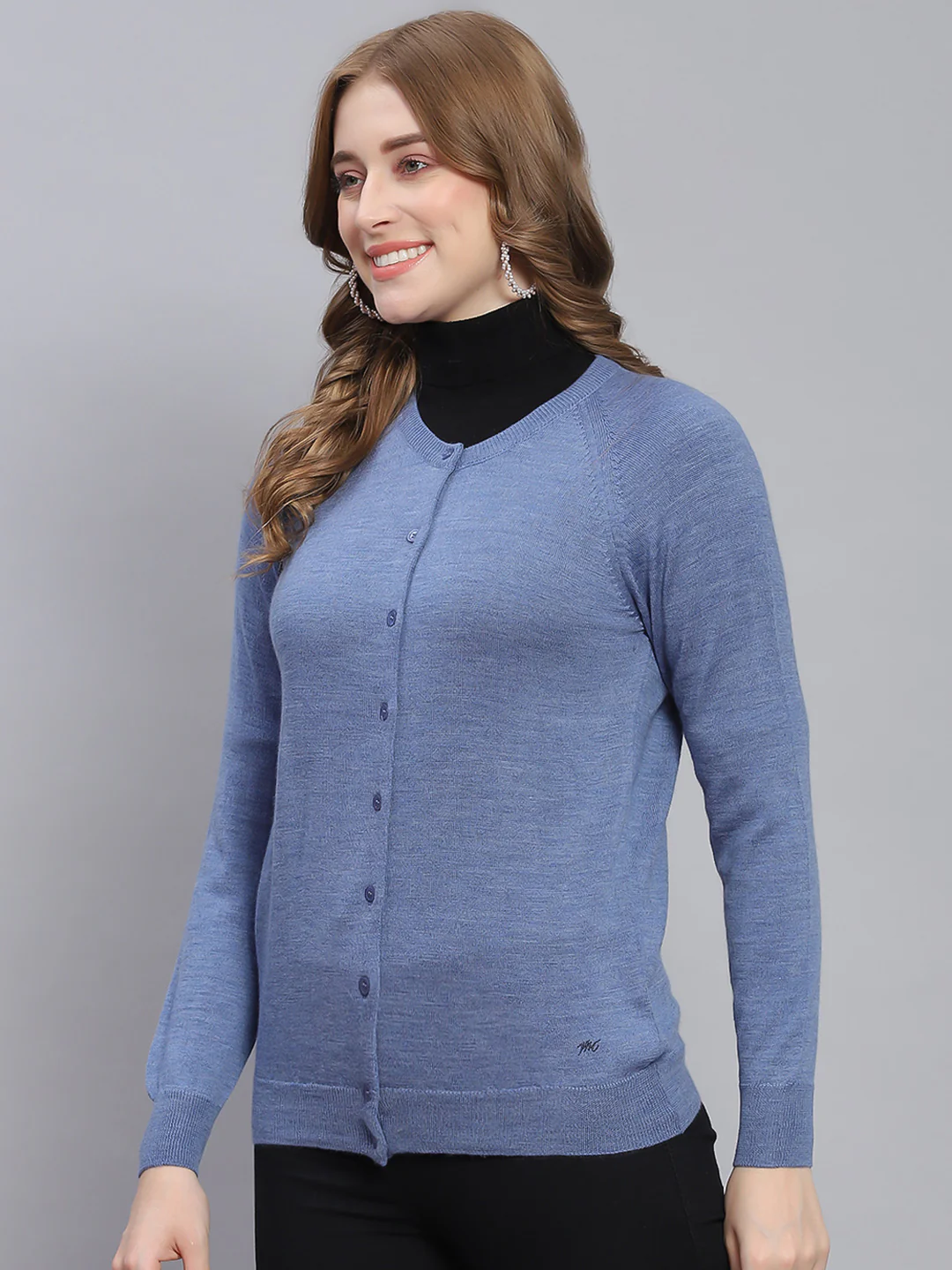 Women Blue Solid Round Neck Full Sleeve Cardigan - Image 3