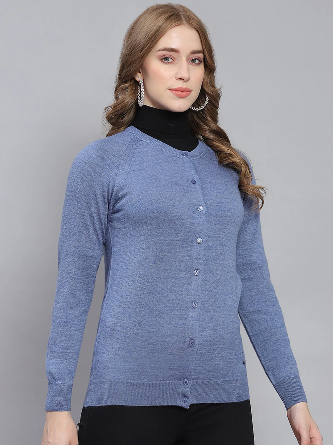 Women Blue Solid Round Neck Full Sleeve Cardigan - Image 4