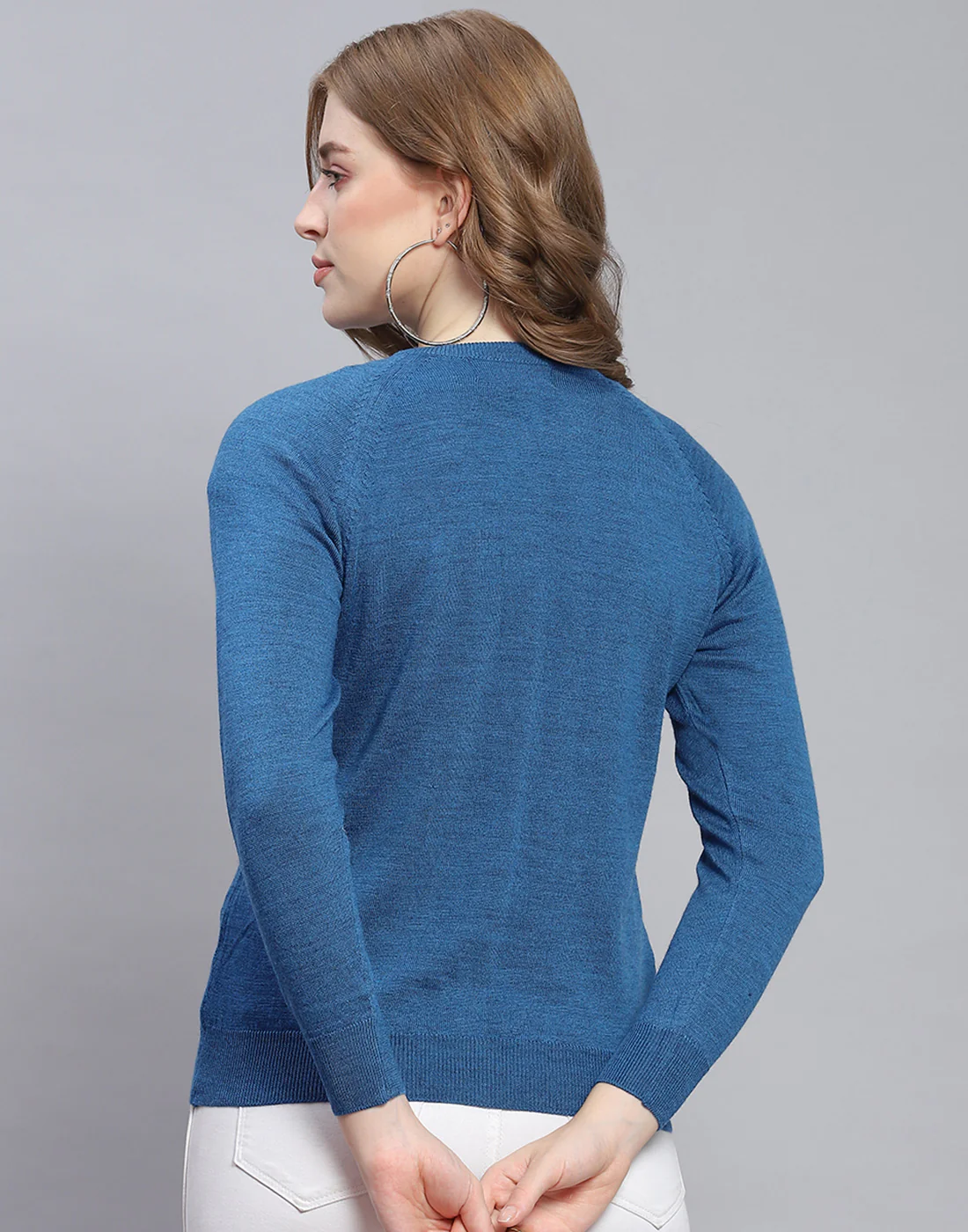 Women Blue Solid Round Neck Full Sleeve Cardigan - Image 5