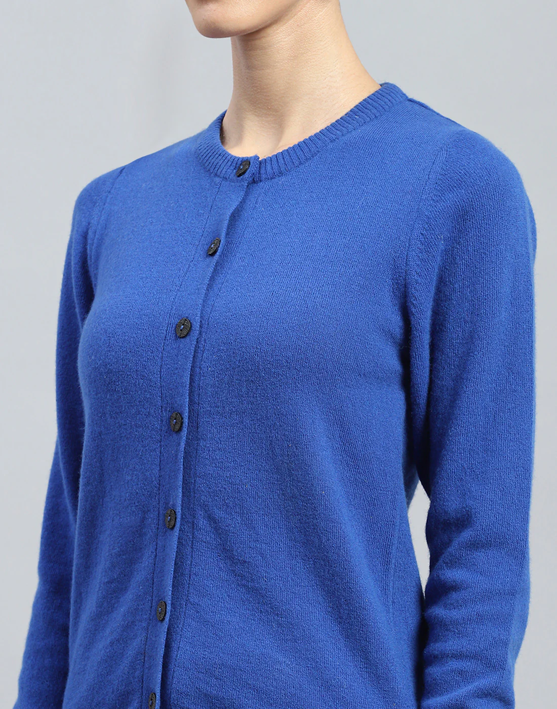 Women Blue Solid Round Neck Full Sleeve Cardigan - Image 6