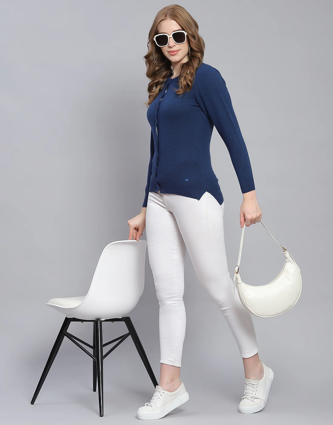Women Blue Solid Round Neck Full Sleeve Cardigan - Image 2
