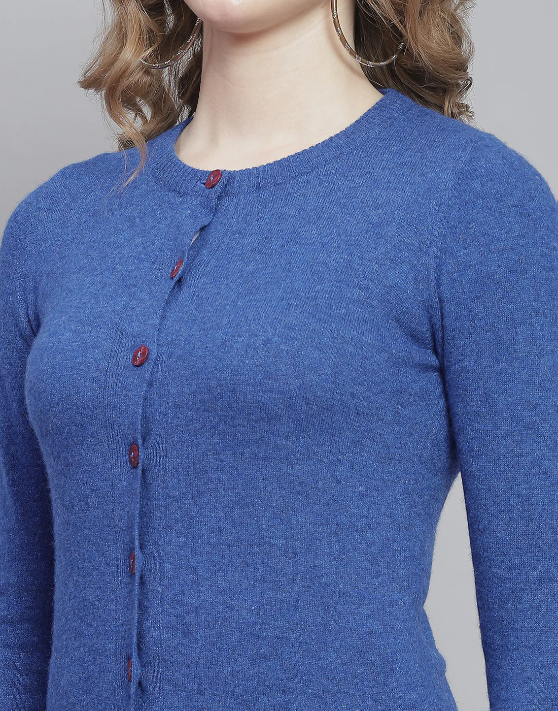 Women Blue Solid Round Neck Full Sleeve Cardigan - Image 6
