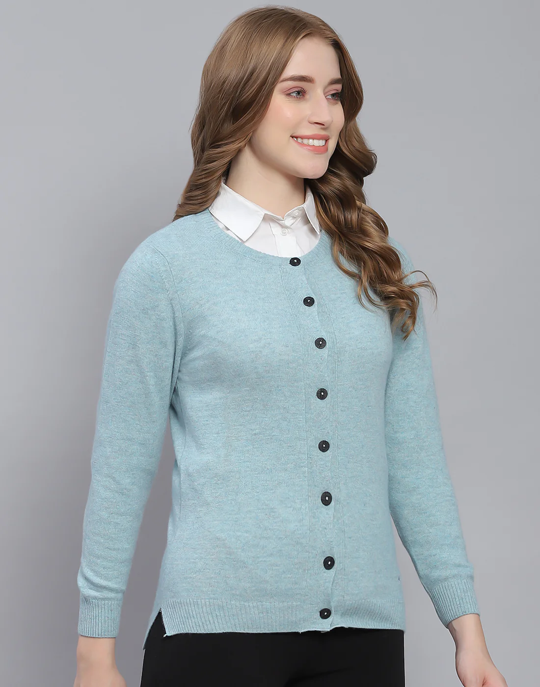 Women Blue Solid Round Neck Full Sleeve Cardigan - Image 4