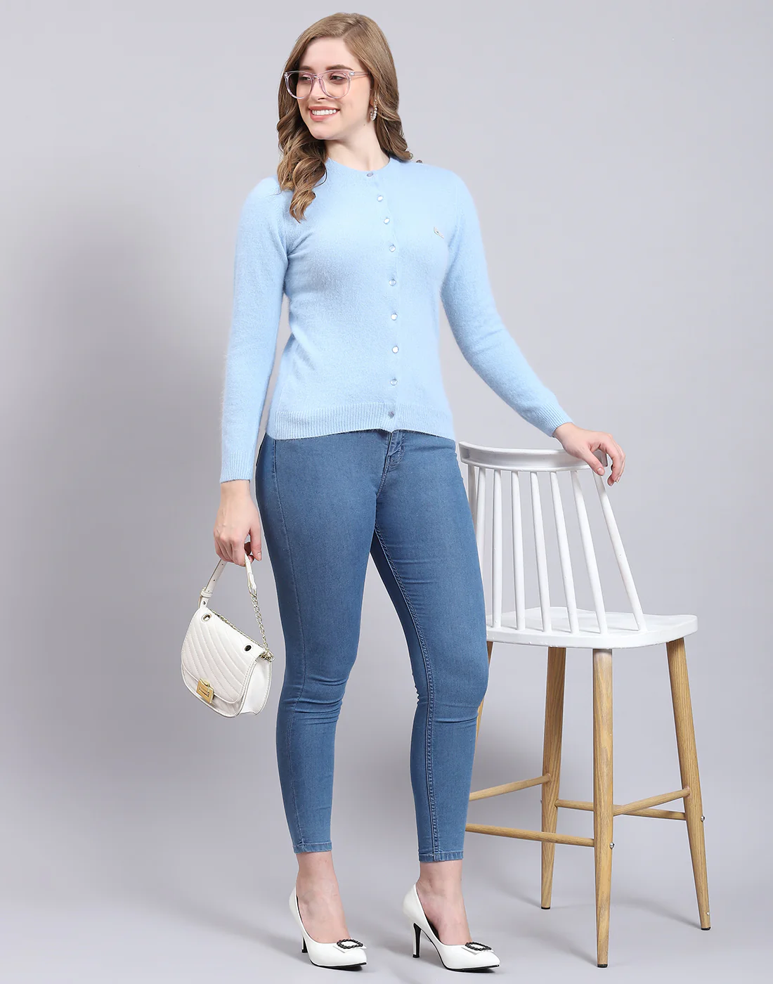 Women Blue Solid Round Neck Full Sleeve Cardigan - Image 2