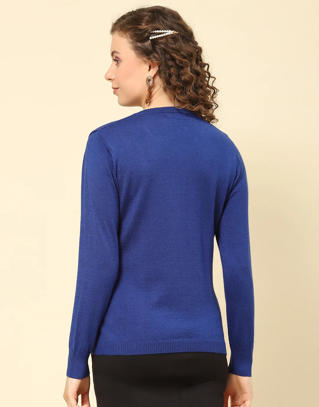 Women Blue Solid Round Neck Full Sleeve Cardigan - Image 5