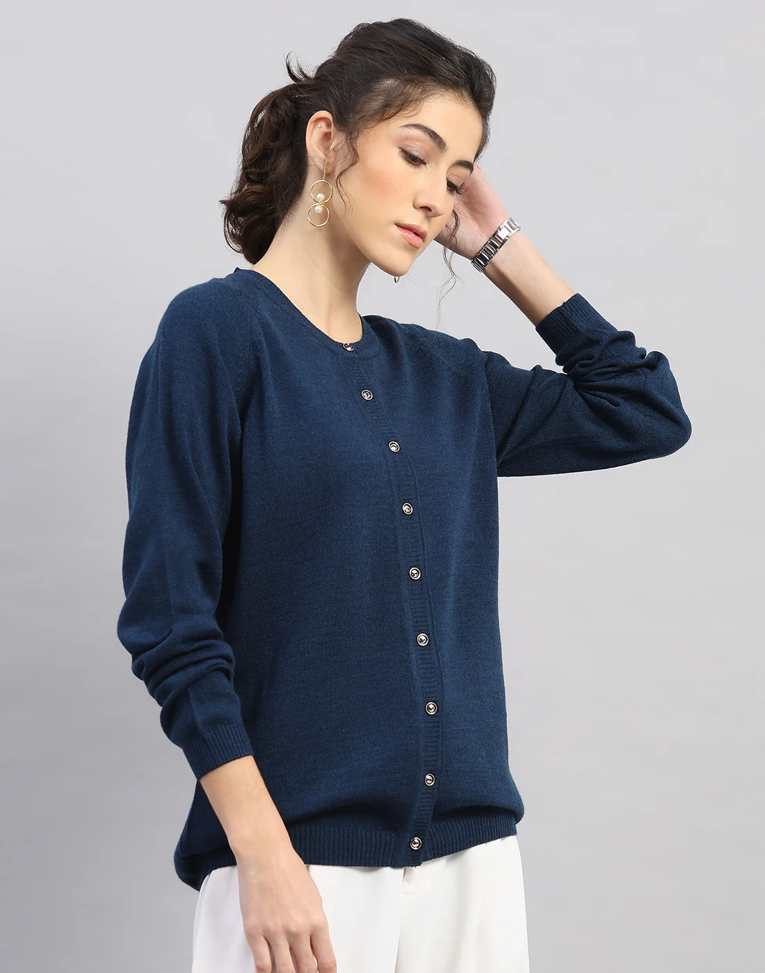 Women Blue Solid Round Neck Full Sleeve Cardigan - Image 3