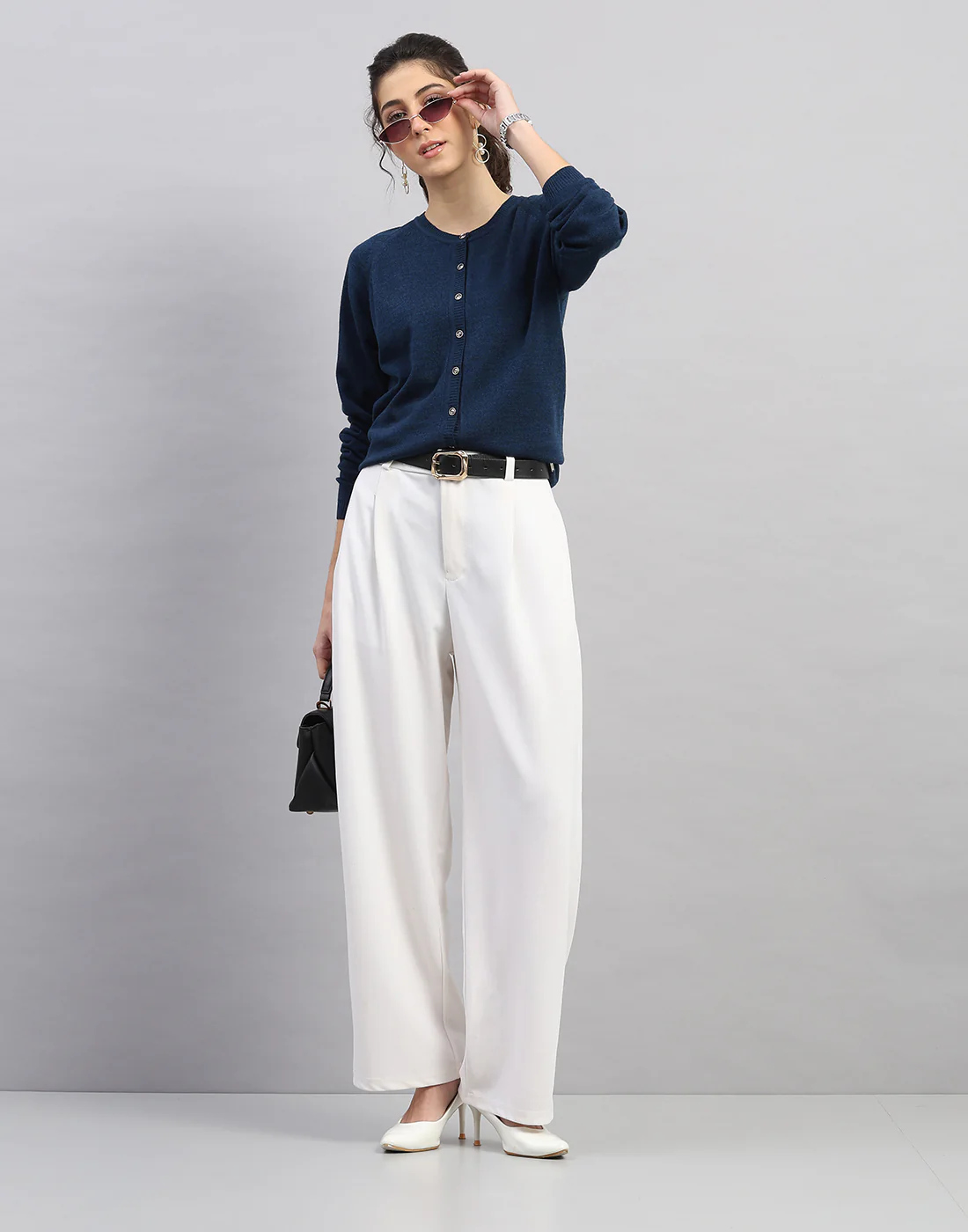 Women Blue Solid Round Neck Full Sleeve Cardigan - Image 5