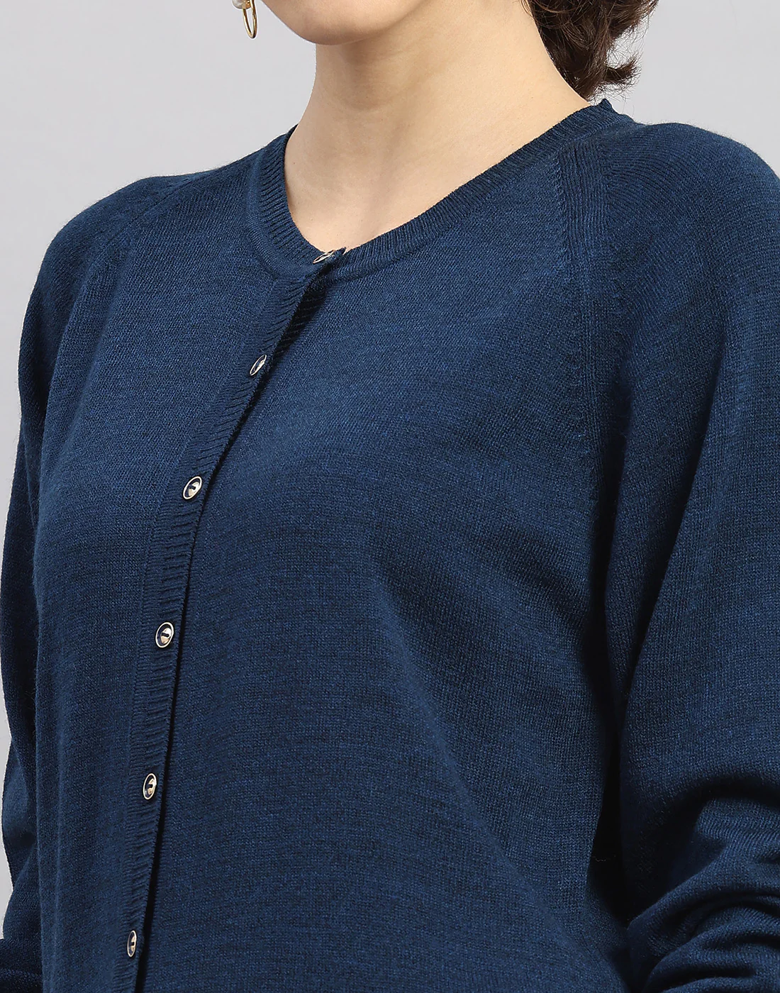 Women Blue Solid Round Neck Full Sleeve Cardigan - Image 7