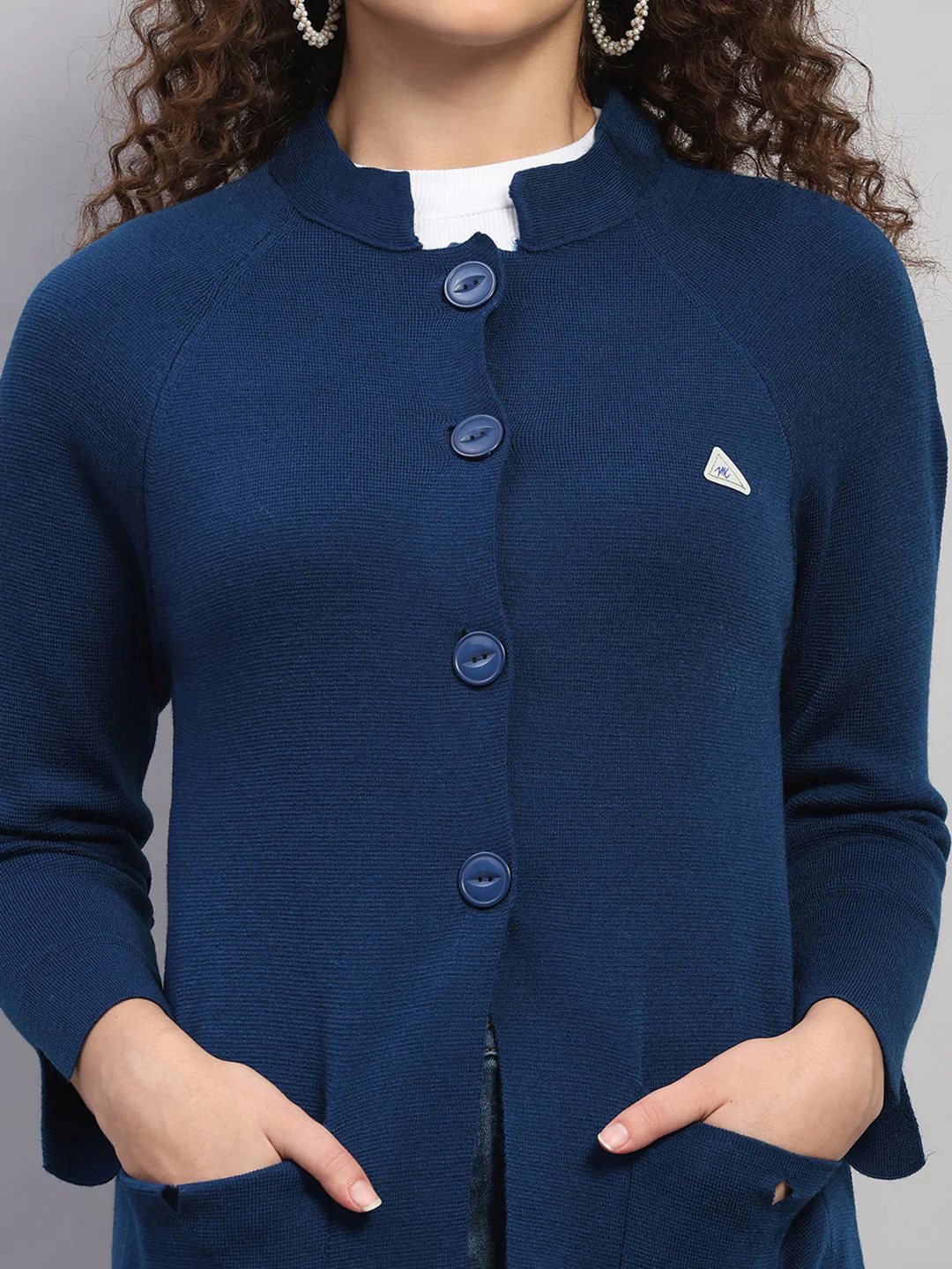 Women Blue Solid Round Neck Full Sleeve Cardigan - Image 6