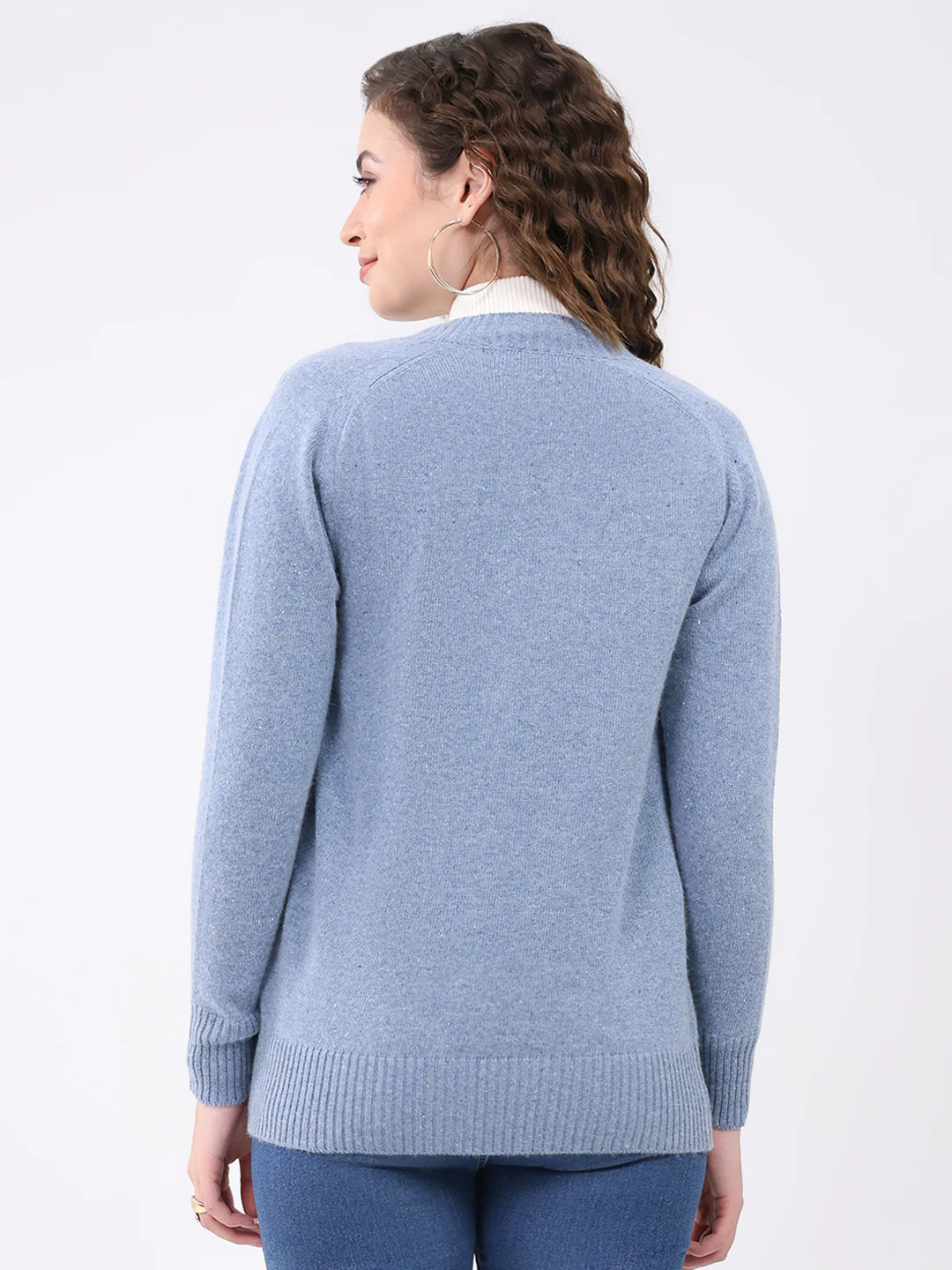 Women Blue Solid Round Neck Full Sleeve Cardigan - Image 5
