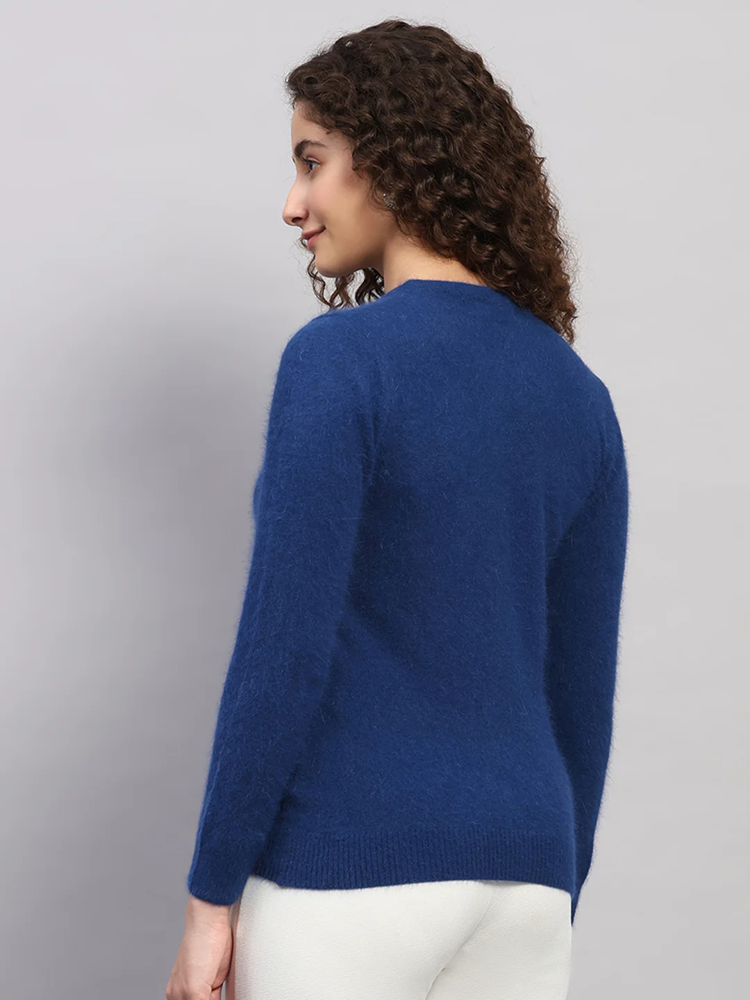 Women Blue Solid Round Neck Full Sleeve Cardigan - Image 5
