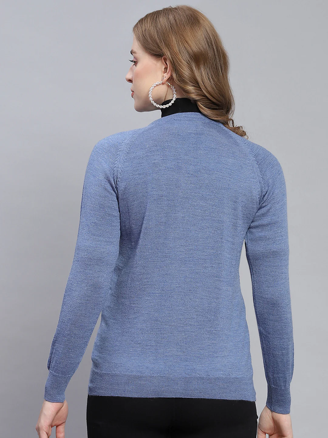 Women Blue Solid Round Neck Full Sleeve Cardigans - Image 5