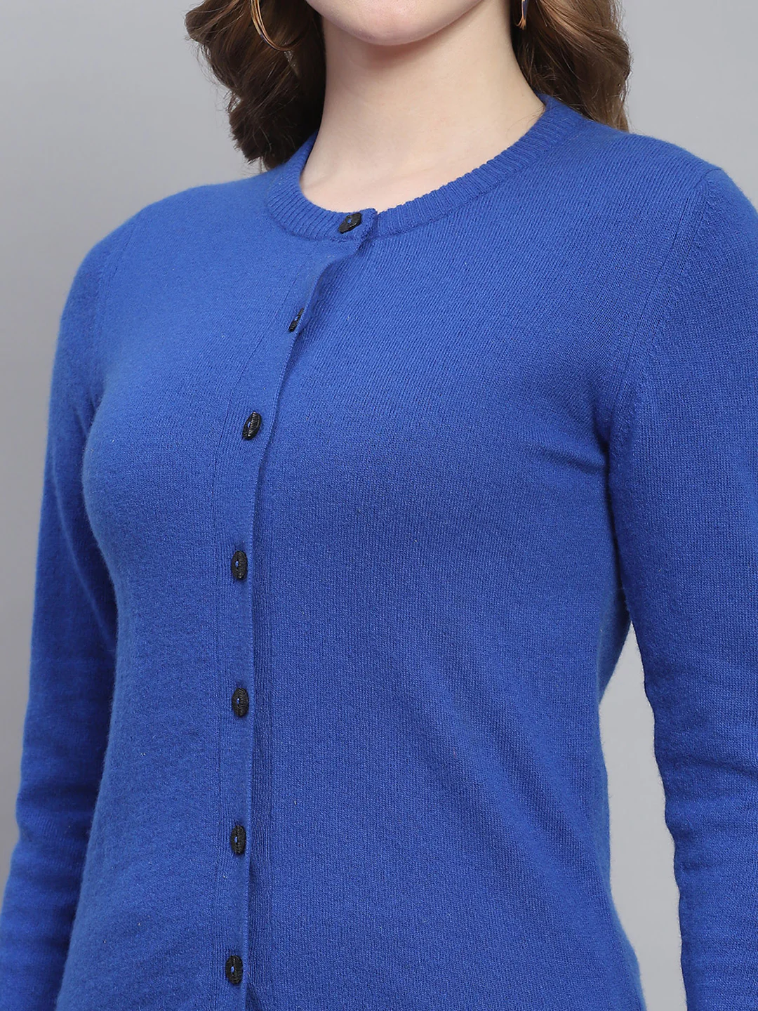 Women Blue Solid Round Neck Full Sleeve Cardigans - Image 6