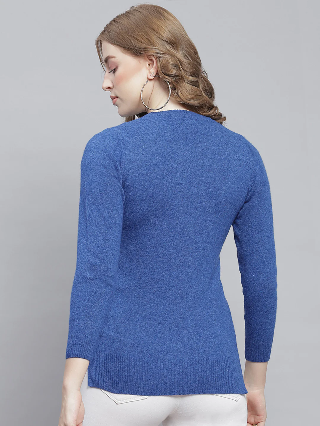 Women Blue Solid Round Neck Full Sleeve Cardigans - Image 5
