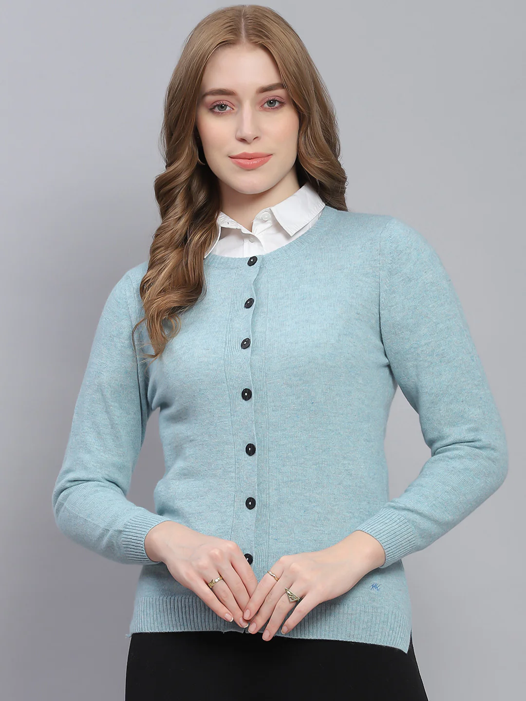 Women Blue Solid Round Neck Full Sleeve Cardigans - Image 2