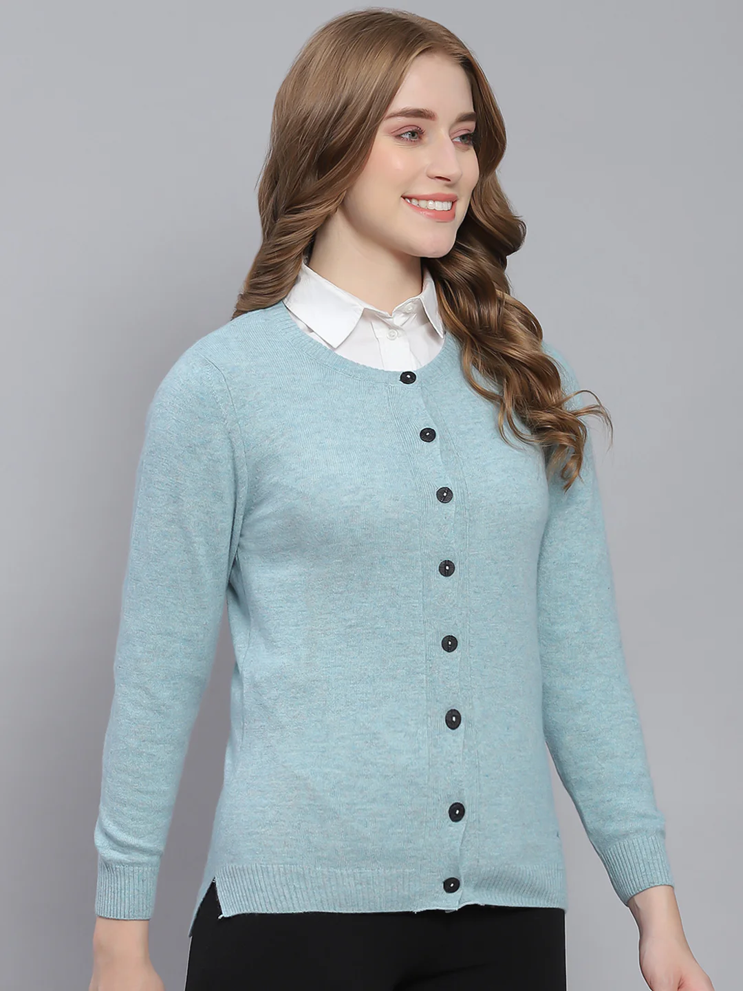 Women Blue Solid Round Neck Full Sleeve Cardigans - Image 4