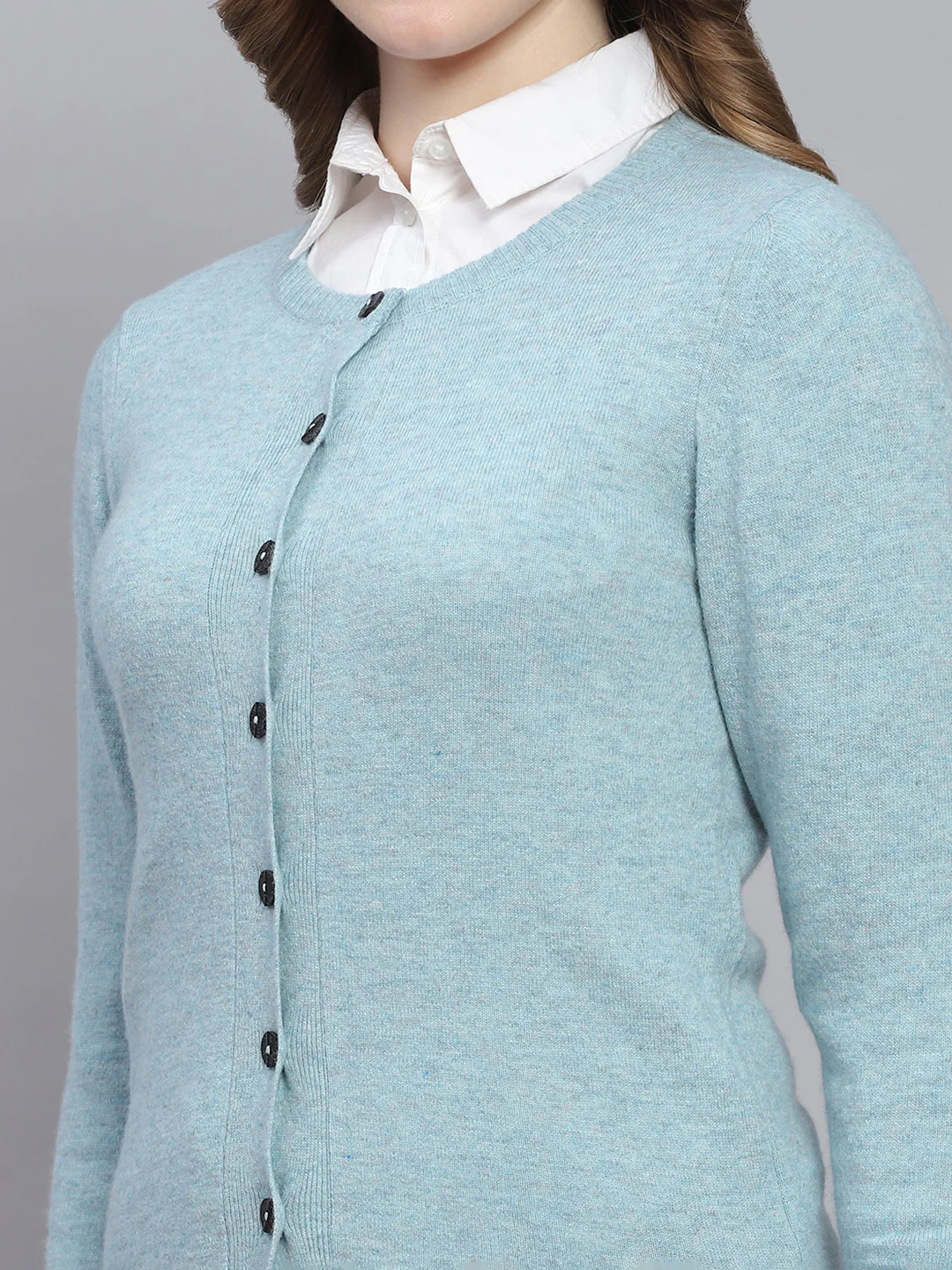 Women Blue Solid Round Neck Full Sleeve Cardigans - Image 6
