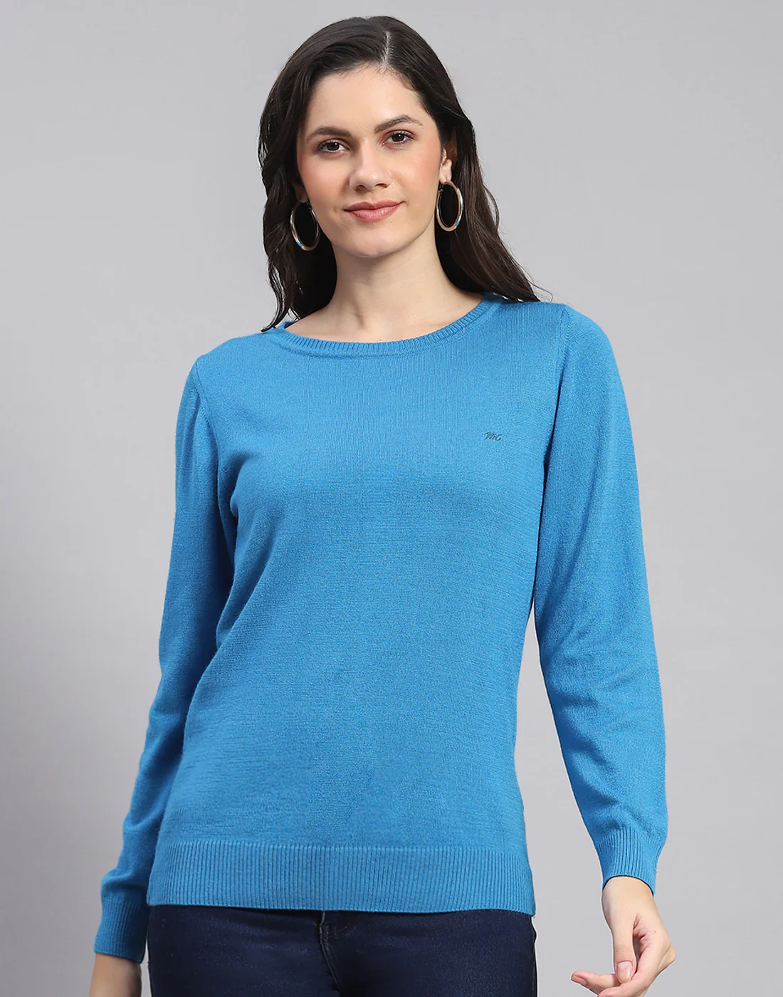 Women Blue Solid Round Neck Full Sleeve Sweater - Image 2