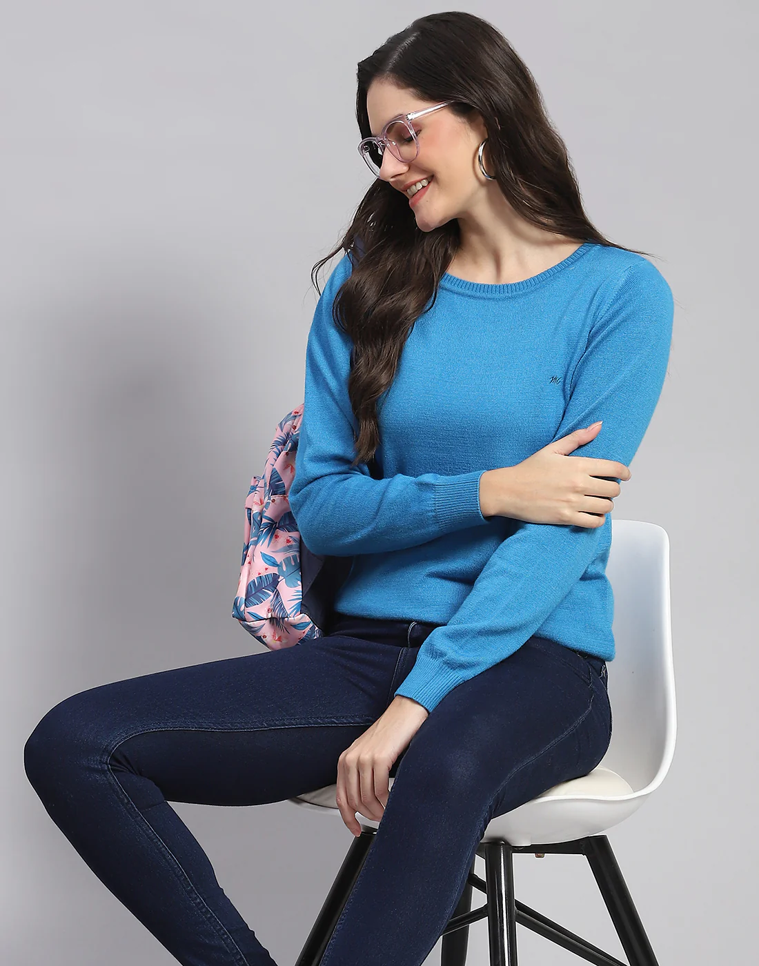 Women Blue Solid Round Neck Full Sleeve Sweater - Image 6