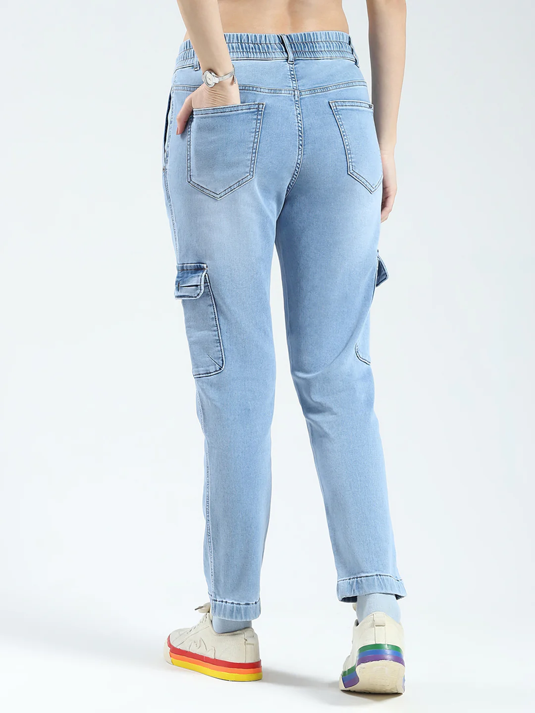 Women Blue Solid Slim Fit Cargo - Image 5