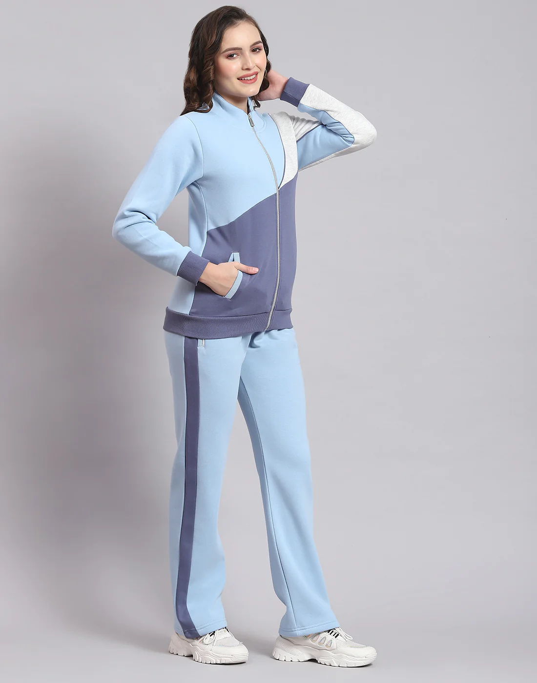 Women Blue Solid Stand Collar Full Sleeve Tracksuit - Image 4