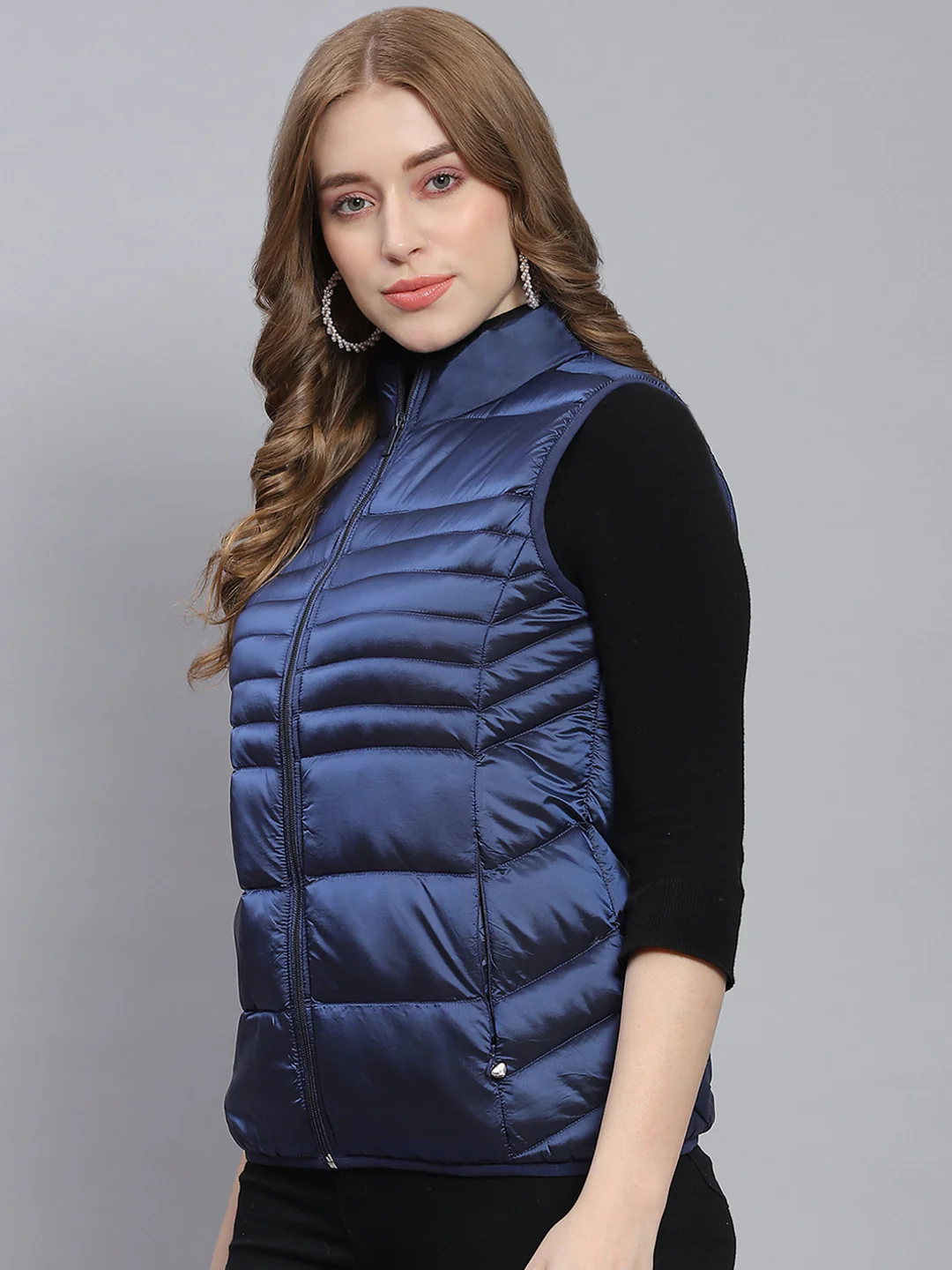 Women Blue Solid Stand Collar Sleeveless Jackets - Image 3