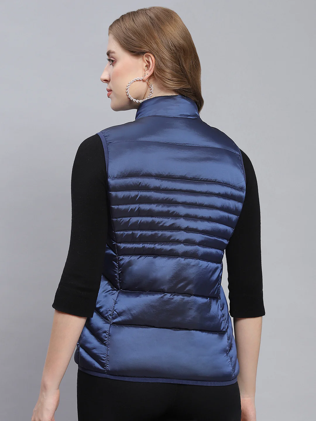 Women Blue Solid Stand Collar Sleeveless Jackets - Image 5
