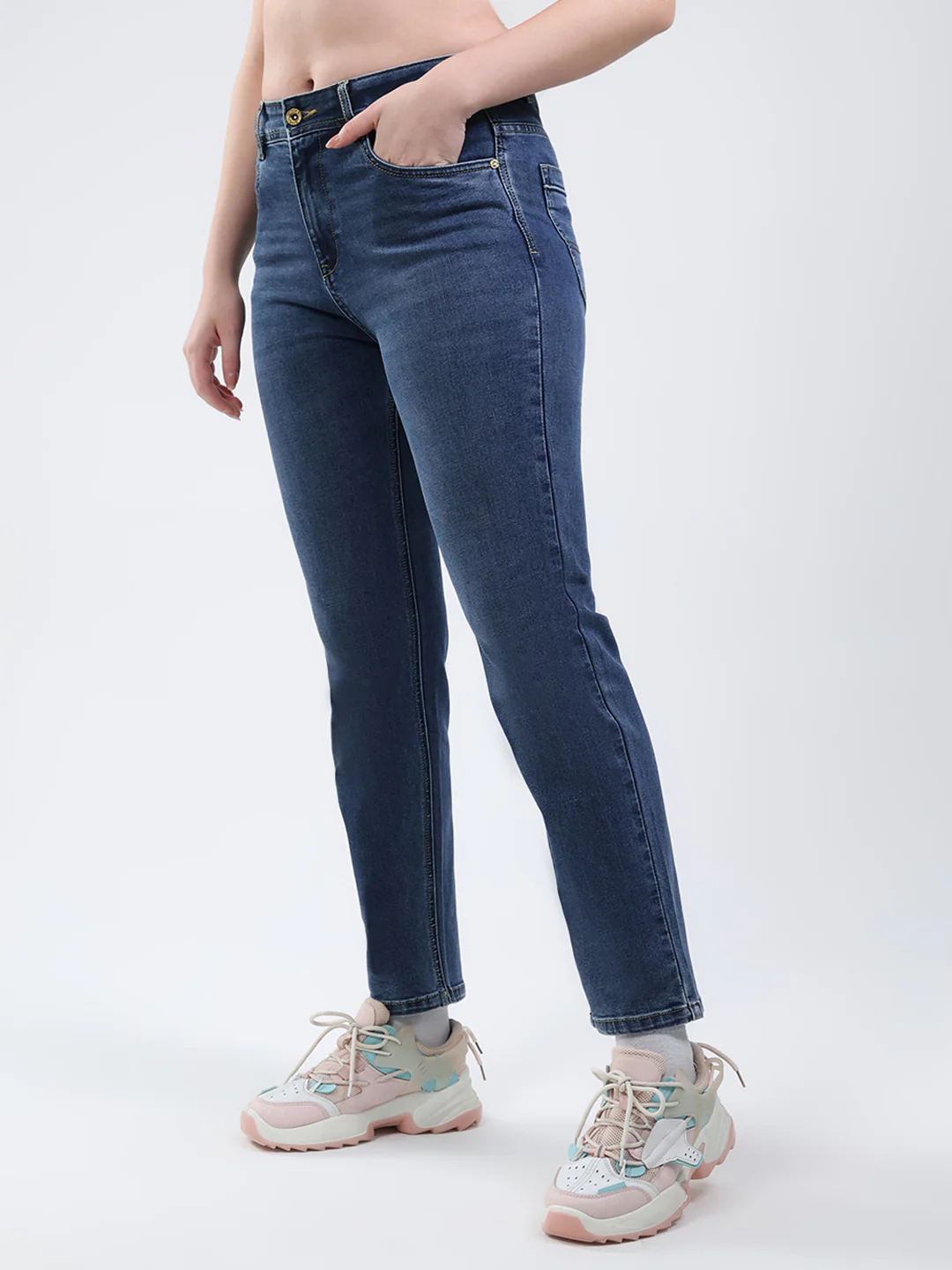 Women Blue Solid Straight Fit Denim - Image 3