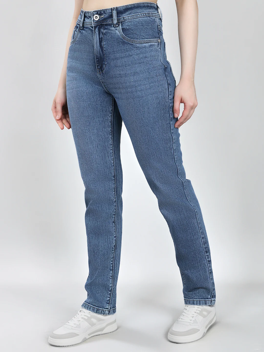 Women Blue Solid Straight Fit Denim - Image 2