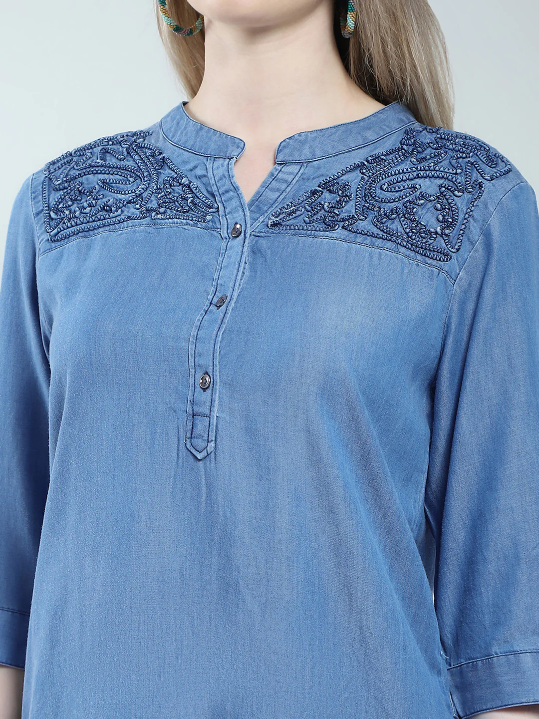 Women Blue Solid Round Neck 3/4th Sleeve Cords Set - Image 7
