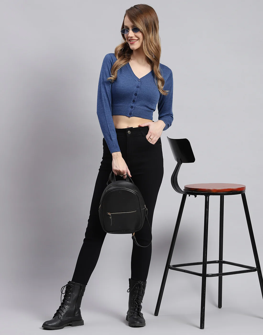 Women Blue Solid V Neck Full Sleeve Blouse - Image 5