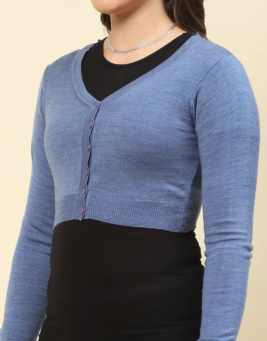 Women Blue Solid V Neck Full Sleeve Blouse - Image 6