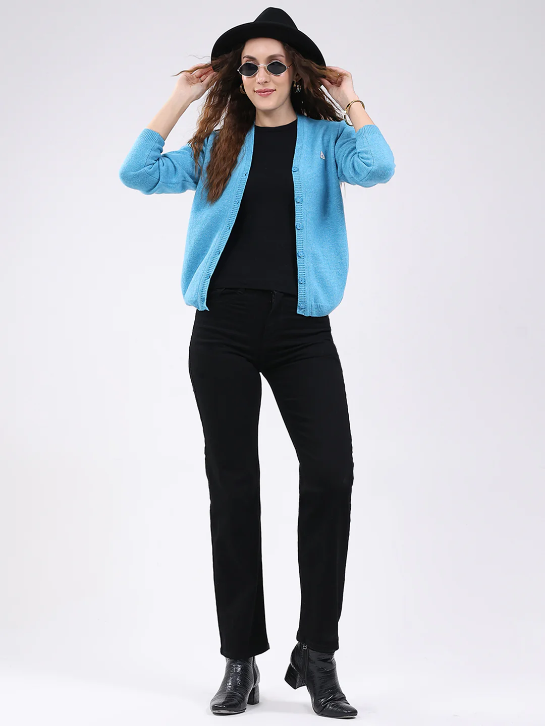 Women Blue Solid V Neck Full Sleeve Cardigan - Image 2