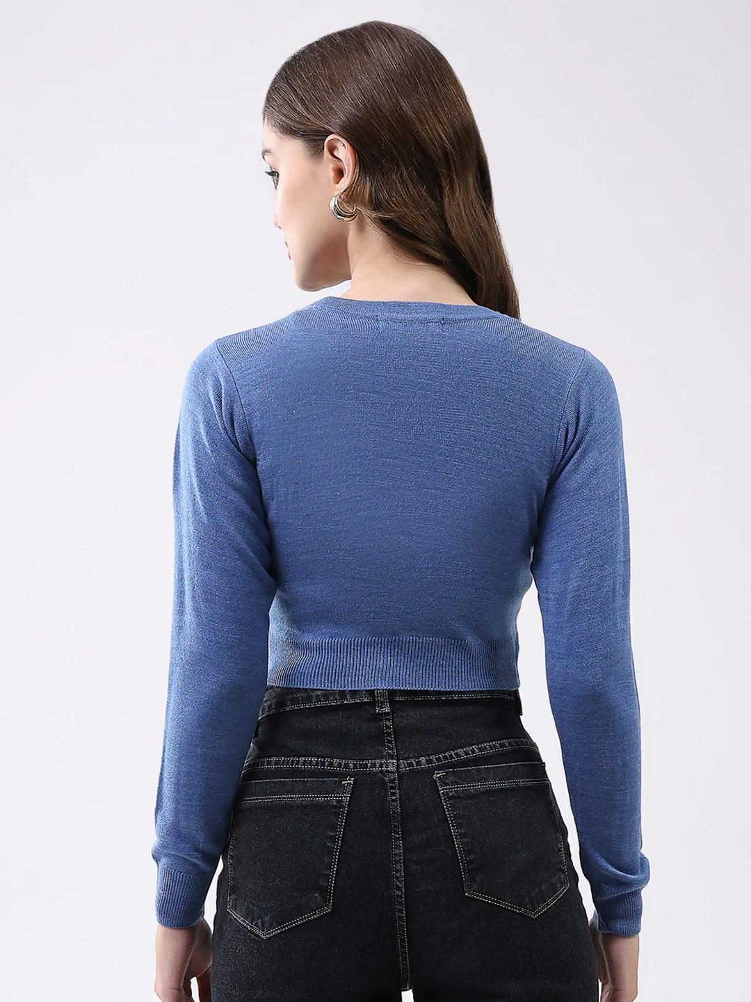 Women Blue Solid V Neck Full Sleeve Cardigan - Image 5
