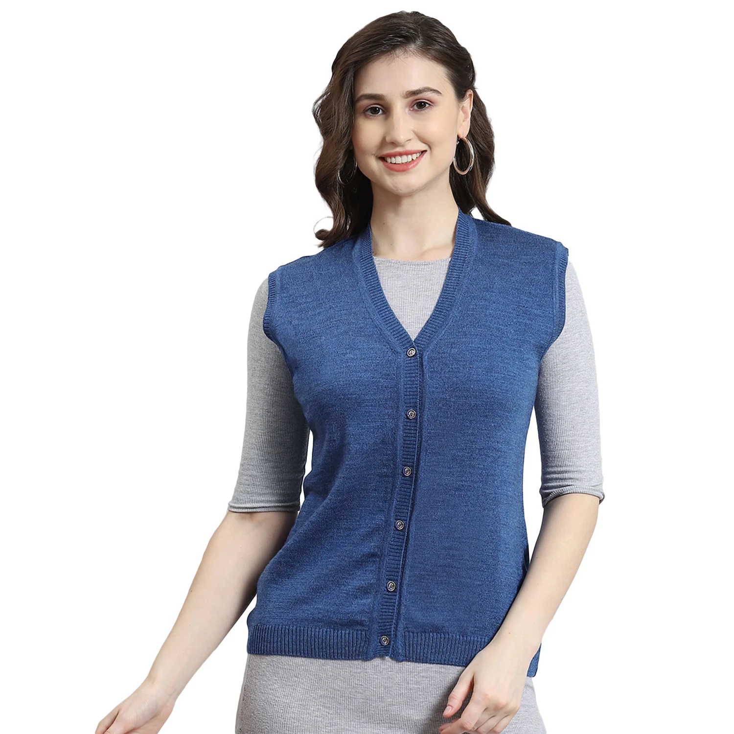 Women Blue Solid V Neck Sleeveless Cardigan - Image 5