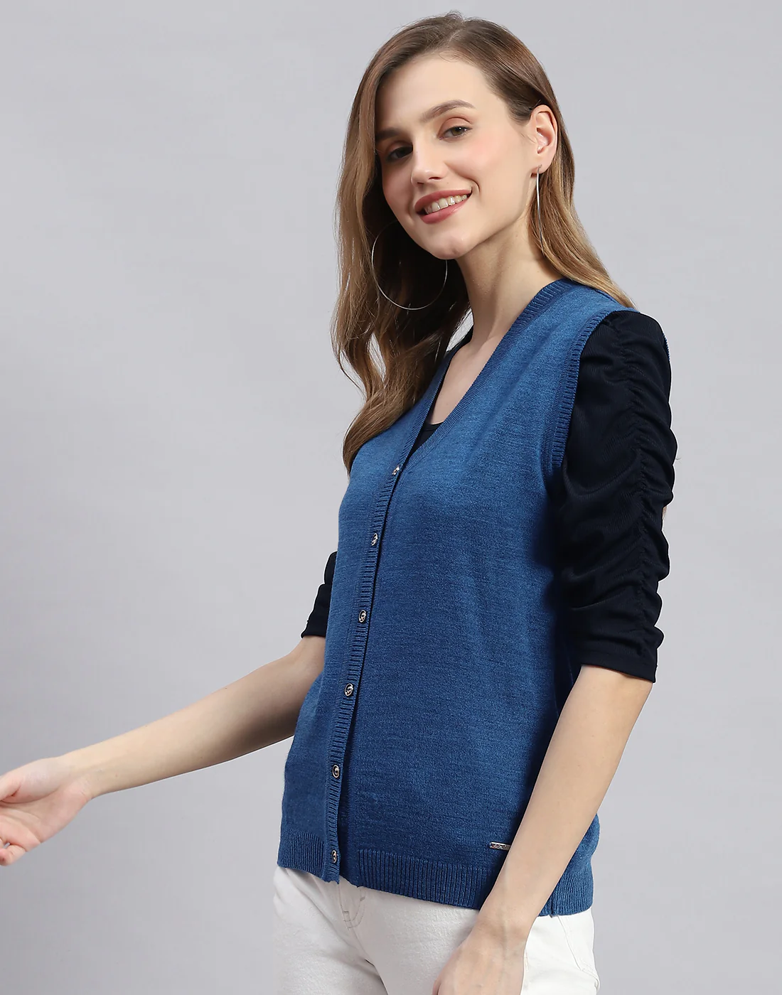 Women Blue Solid V Neck Sleeveless Cardigans - Image 2