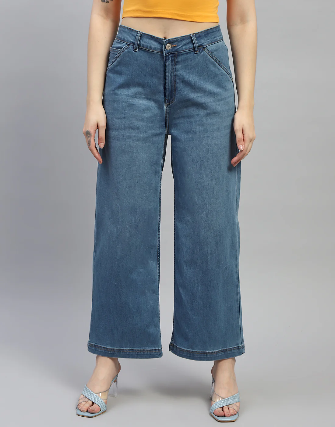 Women Blue Solid Wide Leg Denim - Image 3