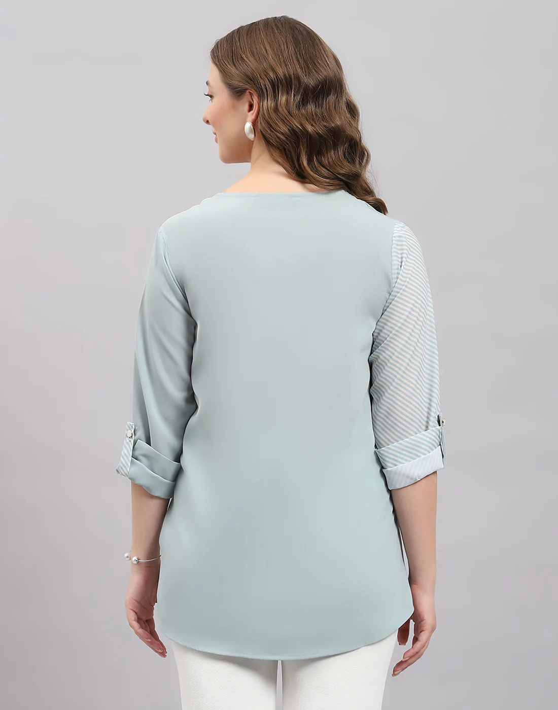 Women Blue Stripe Collar 3/4th Sleeve Top - Image 5