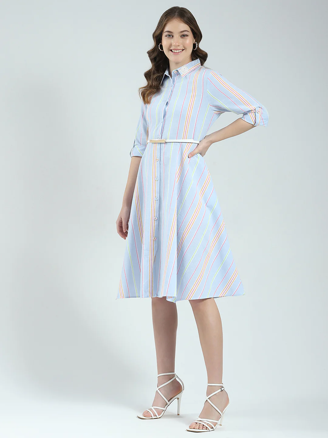 Women Blue Stripe Round Neck 3/4th Sleeve Dress - Image 4