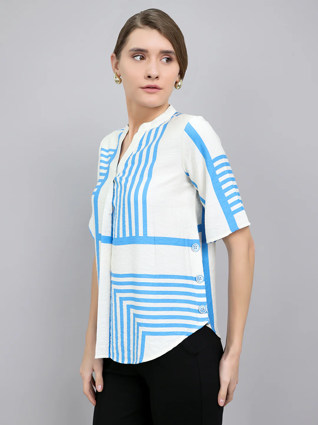 Women Blue Stripe V Neck 3/4th Sleeve Top - Image 2