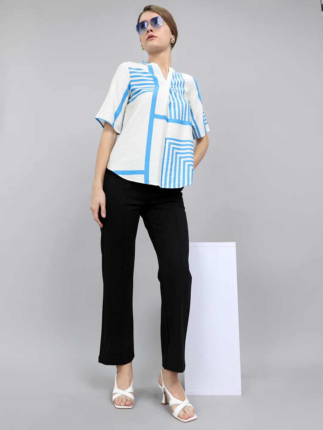 Women Blue Stripe V Neck 3/4th Sleeve Top - Image 6