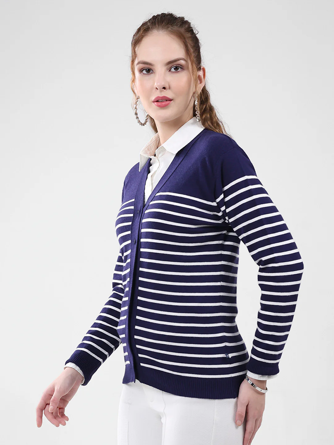 Women Blue Stripe V Neck Full Sleeve Cardigan - Image 3