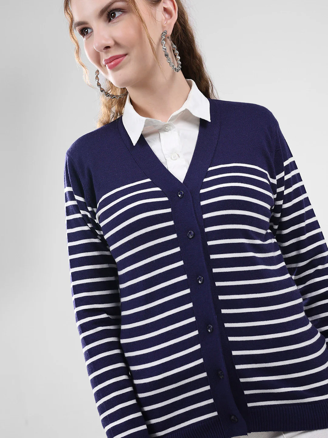 Women Blue Stripe V Neck Full Sleeve Cardigan - Image 6