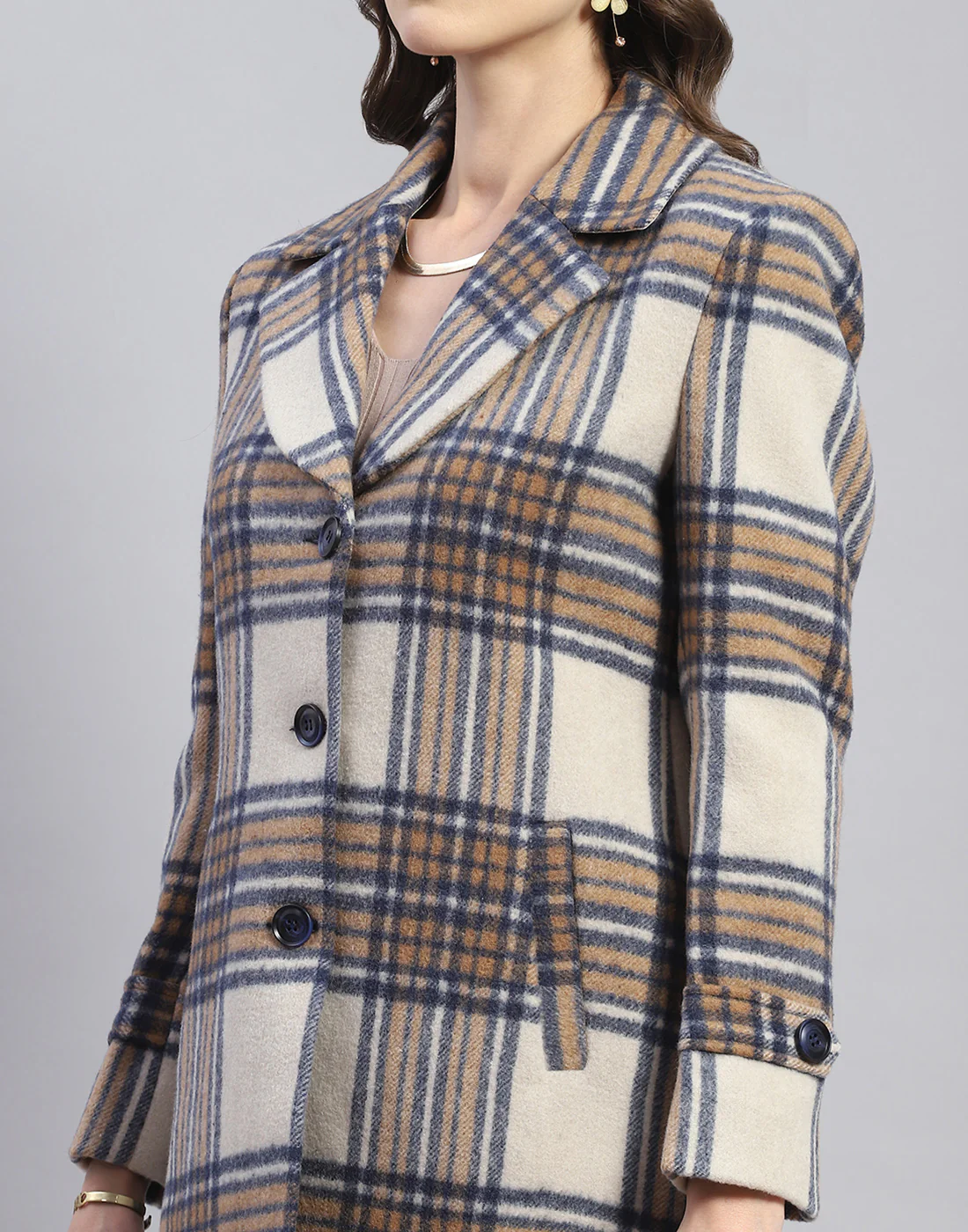 Women Brown Check Lapel Collar Full Sleeve Coat - Image 6