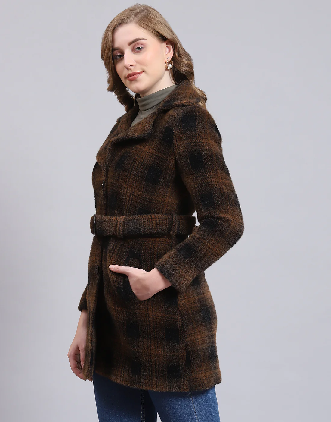 Women Brown Check Lapel Collar Full Sleeve Coat - Image 3