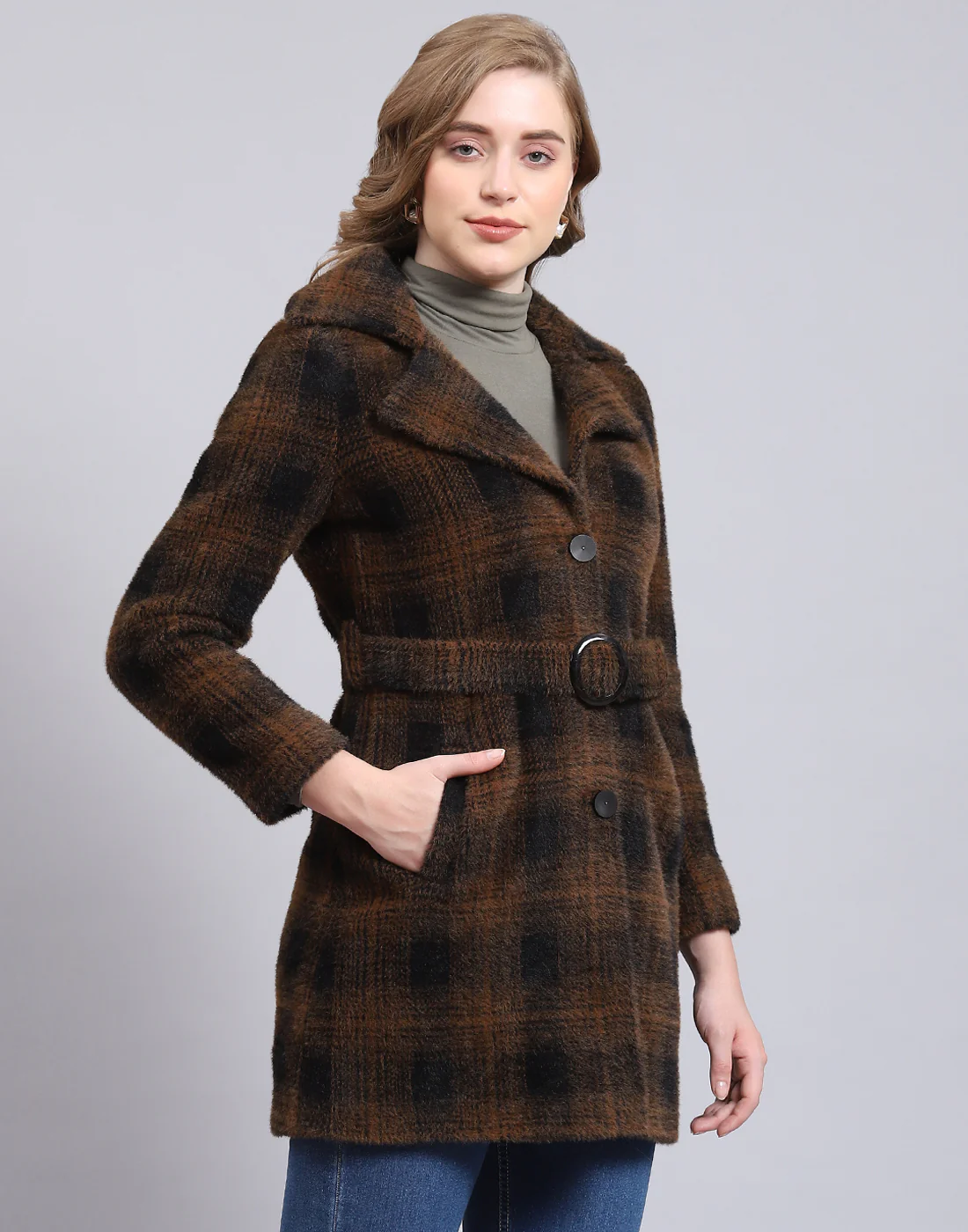 Women Brown Check Lapel Collar Full Sleeve Coat - Image 4