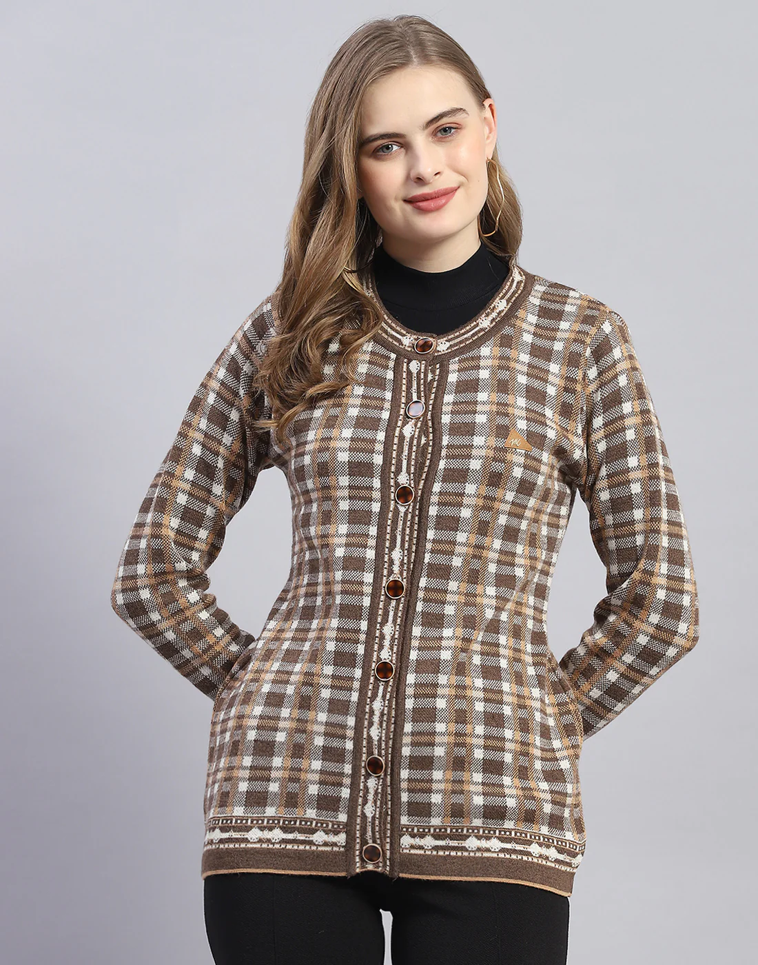 Women Brown Check Round Neck Full Sleeve Cardigan - Image 2