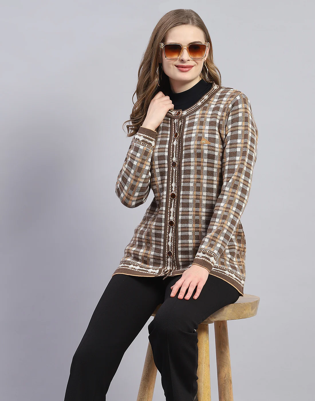 Women Brown Check Round Neck Full Sleeve Cardigan - Image 6